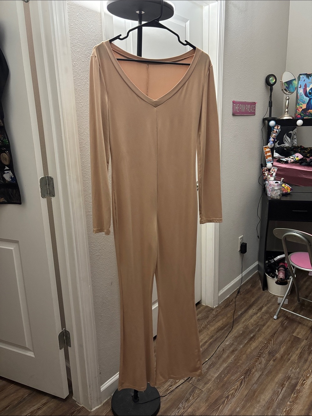 SHEIN Tan Long Sleeve V-Neck Jumpsuit